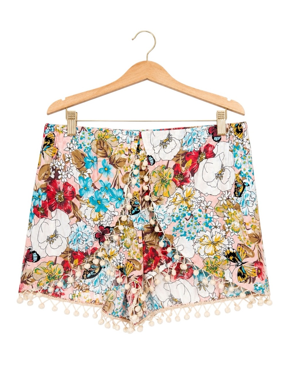 Umgee Floral Wrap Skort Shorts Pom Pom Trim Boho Festival Cottagecore Size L
